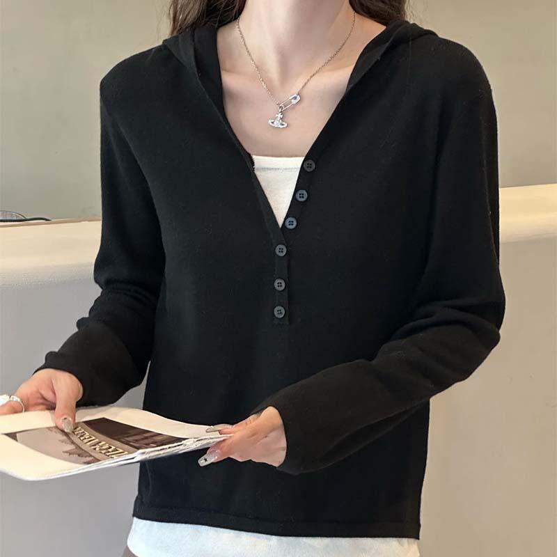 

Hooded half-placket slim-fitting knitted sweater top simple casual style fake two-piece head long-sleeved bottoming shirt autumn 115 чёрный