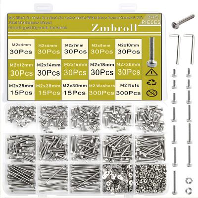 Zmbroll M2 Hex Socket Head Cap 304 Stainless Steel Machine Metric Hex and Wrench Key Included Screws, 945pcs, Screws,