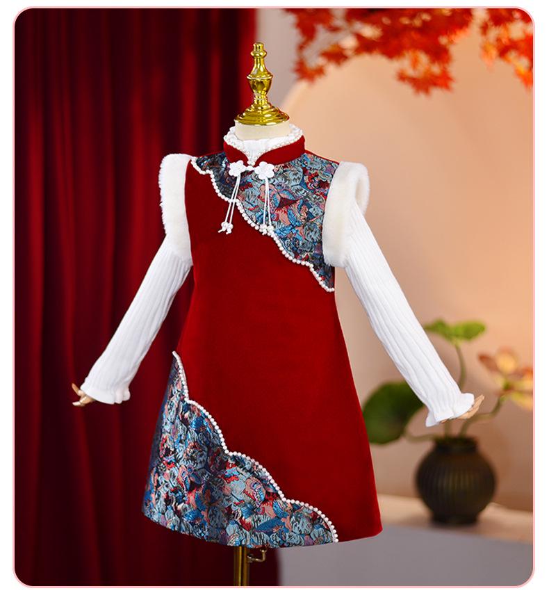 Dívčí zimní teplé plyšové šaty čínského stylu cheongsam hanfu - malé a střední velikosti