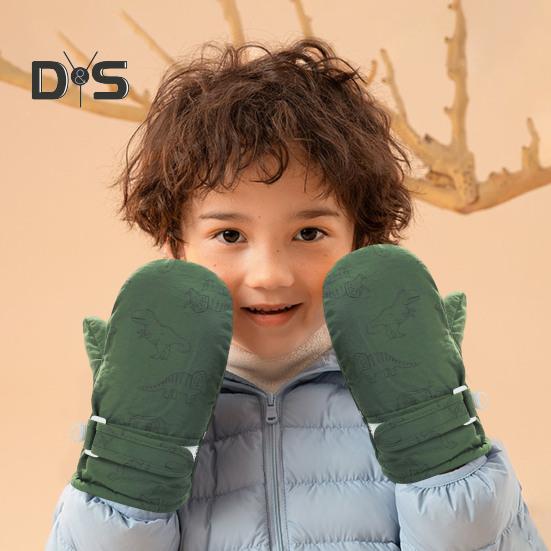 1 Pair Children Winter Mittens Thick Plush-lined Windproof Cartoon Dinosaur Cold Weather Outdoor Gloves Adjustable Fasten Strap Anti-Slip Ski Gloves