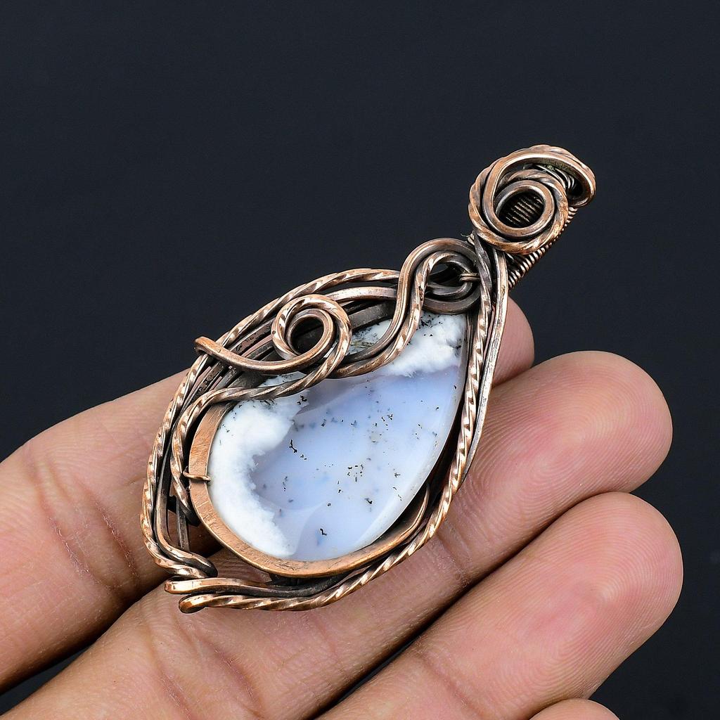 Dendrite Opal 999 Copper Wire Wrapped Pendant, Handmade Gemstone Jewelry Pendant Gift For Birthday