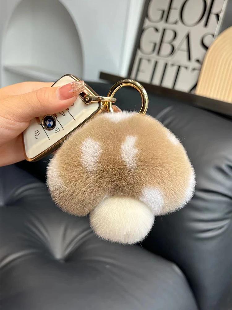 Wholesale Cute Mushroom Real Rex Rabbit Fur Key Chains Girls Schoolbag Toy Pendant  Women Bag Charm Ornaments Car Keyring Gift
