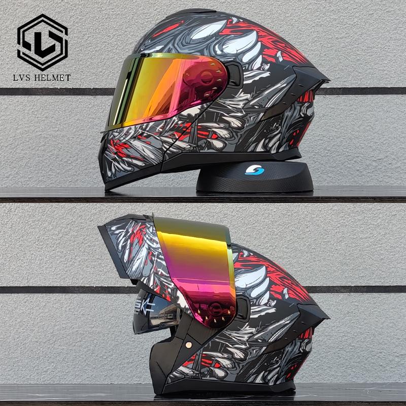 LVS Latest Motorcycle Helmet Dual Lens Modular Flip Helmet Suitable for Both Men and Women, Road Travel Full Helmet DOT 909