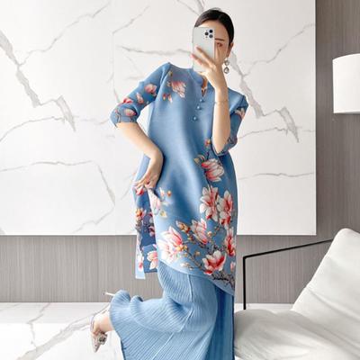 Pleated Women Loose and Slimming Retro Dress for Spring and Summer Casual Stand Collar Dress Female Tops