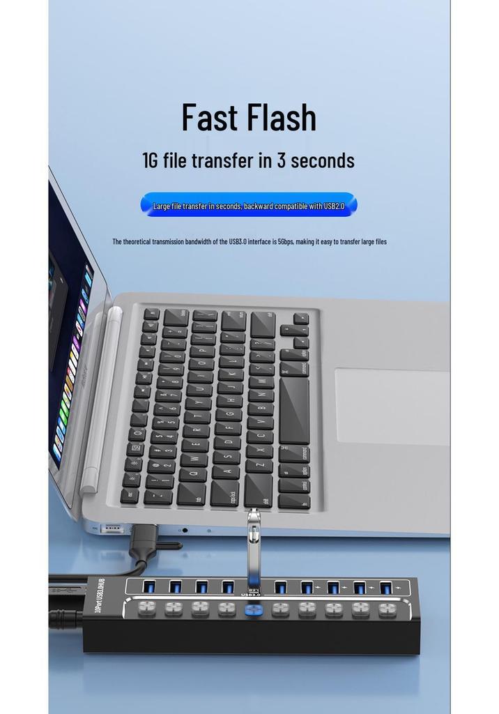 10-Port USB 3.0 Hub Expander for Laptops, Phones, and Desktops