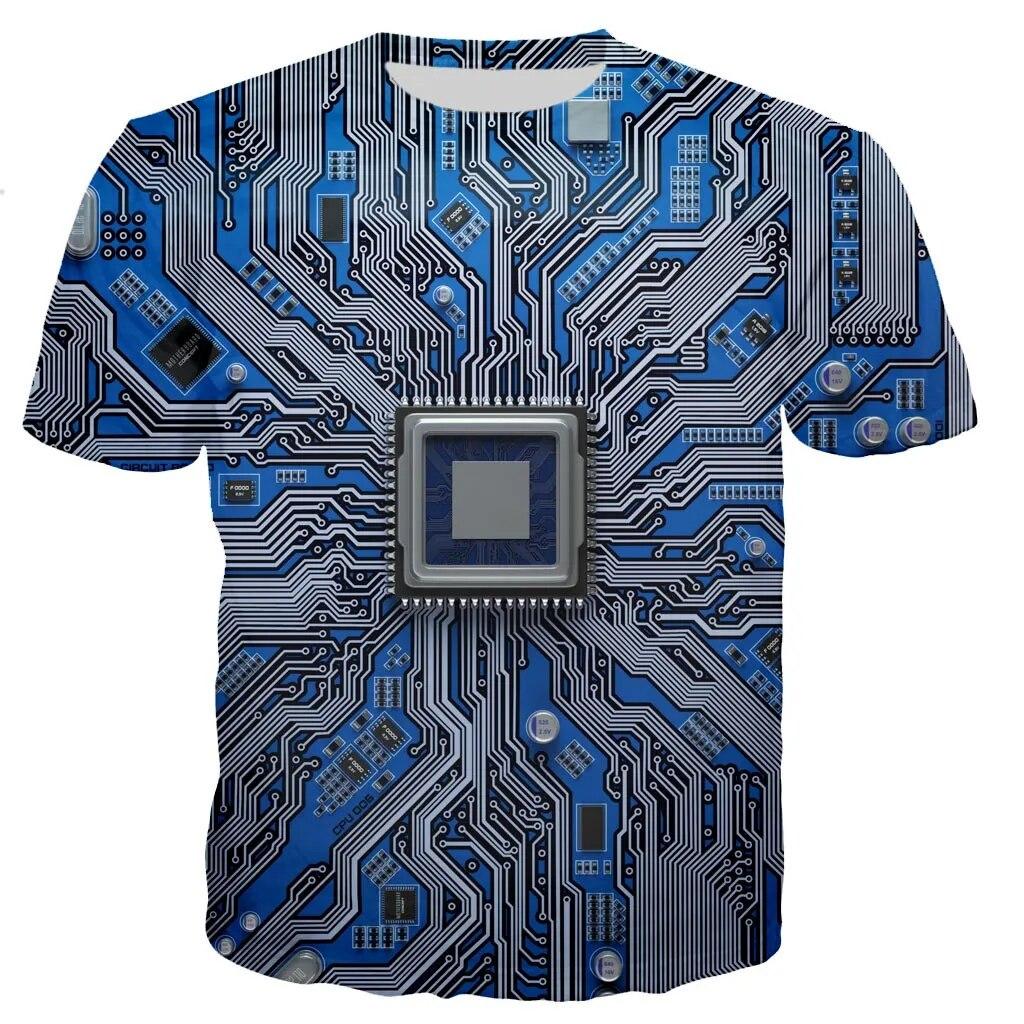 

Летняя короткая футболка в стиле хип-хоп с электронным чипом для мужчин и женщин, футболка большого размера с 3D машинным принтом, рукав в стиле Харадзюку