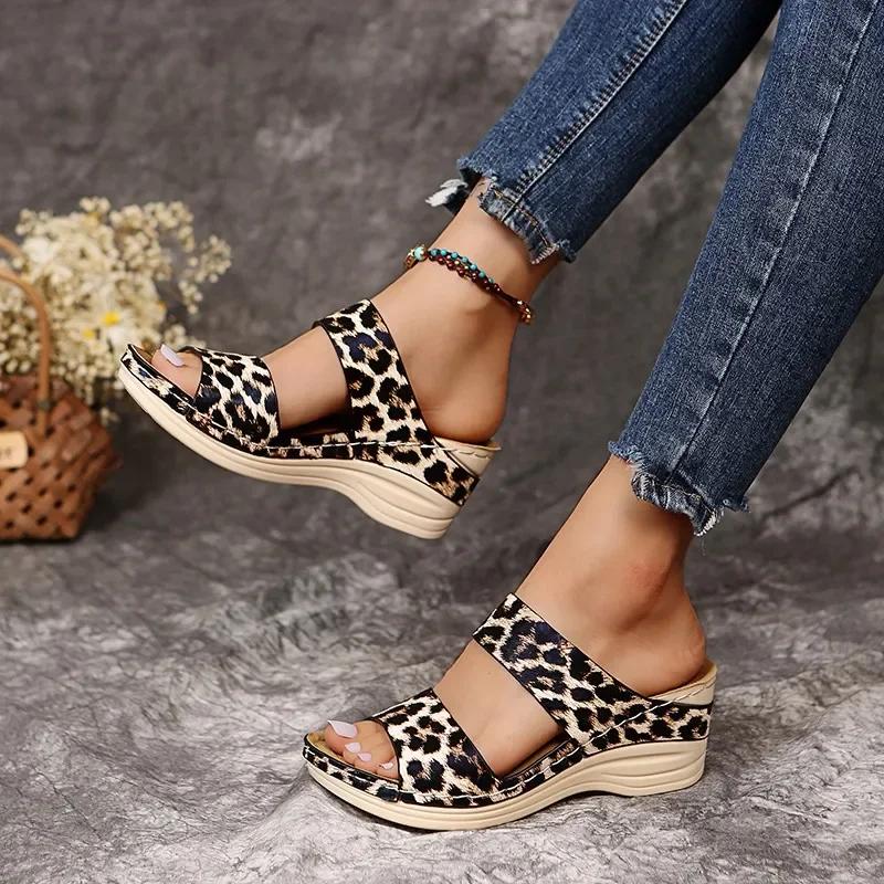 Summer Wedge Women Sandals Thick-soled Retro Roman Flip-flops Casual Leopard Print Snake Print Beach Shoes Zapatillas De Mujer