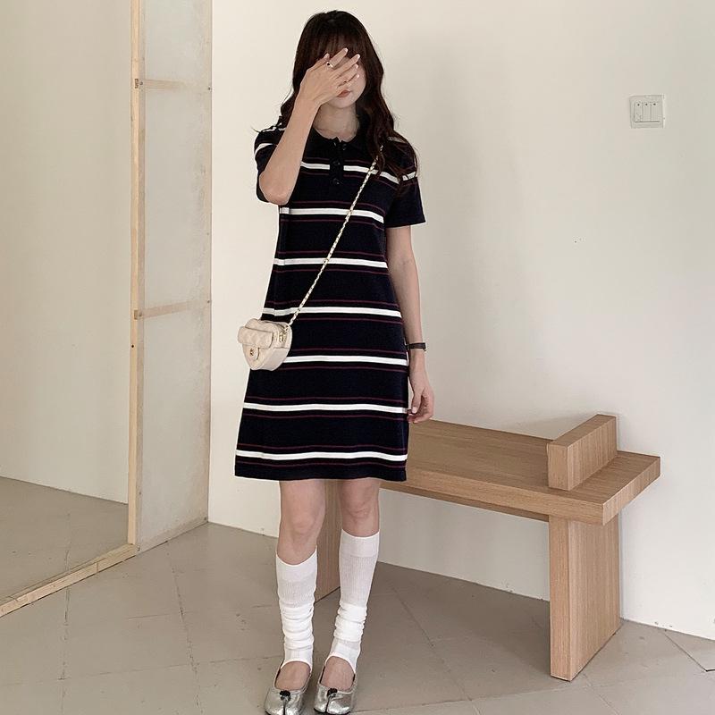 Women's Spring-Summer Striped Cotton Polo Dress - Color Block, Short Sleeve, Knit T-shirt.