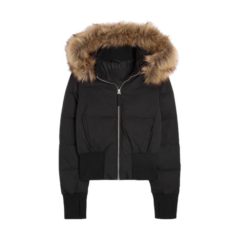Womens Hooded Zip Cotton Jacket With Faux Fur Trim Street Style Solid Color Casual Winter Coat