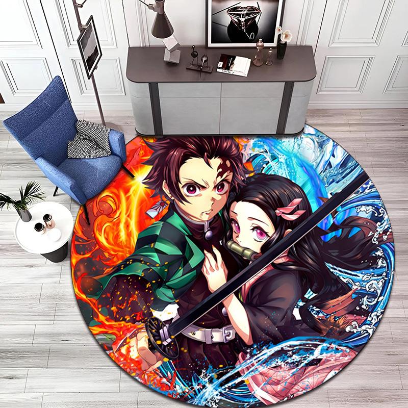 Classic Japanese-style Cartoon Demon Slayer Round Rug, Home Soft Decorative Anti-slip Yoga Mat and Chair Mat, Outdoor Floor Mat Carpet K6
