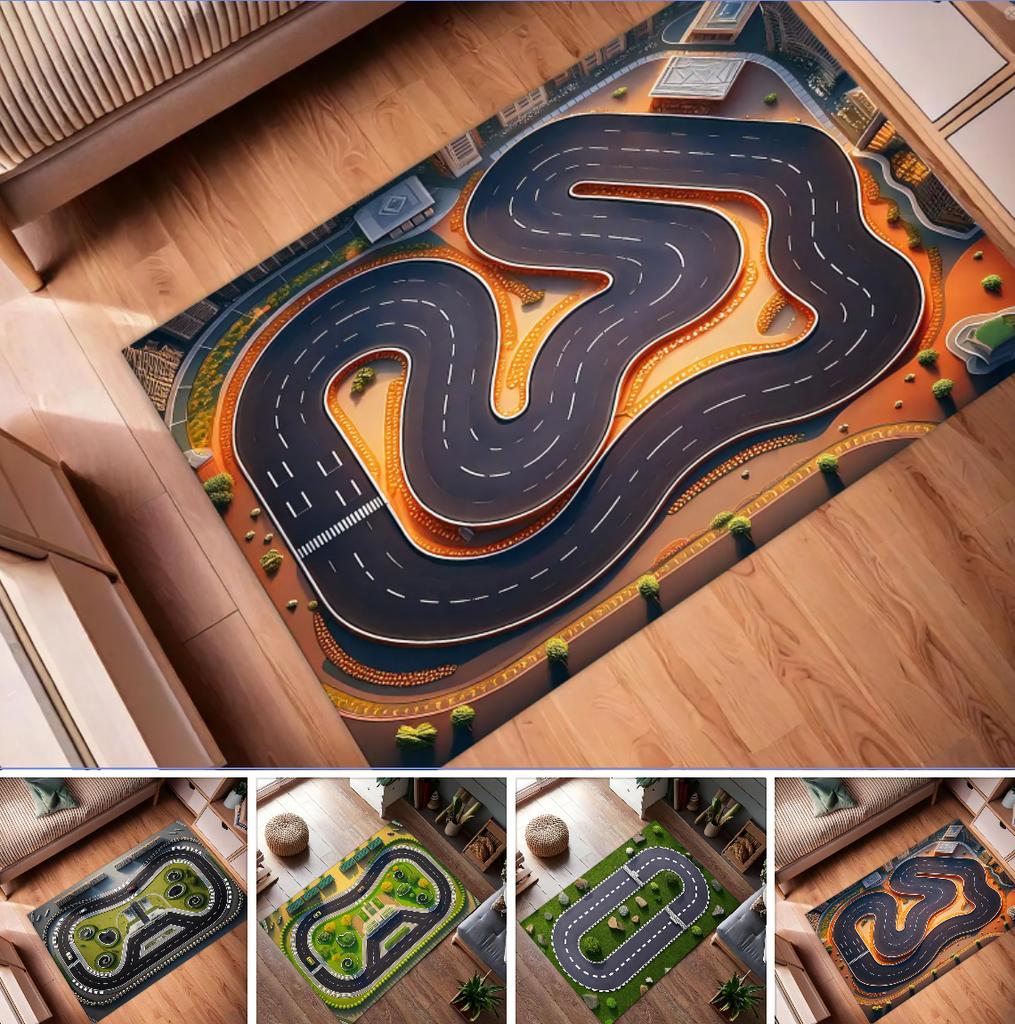 Kids' Room Rug 3D Race Track Theme Carpet Non-Slip Soft Easy Clean Durable Racing Enthusiast Parent-Child Home Decor Mat