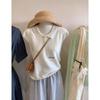 Women's 2025 Summer French Puff Sleeve Ice Silk Knitted Top with Turn-Down Collar