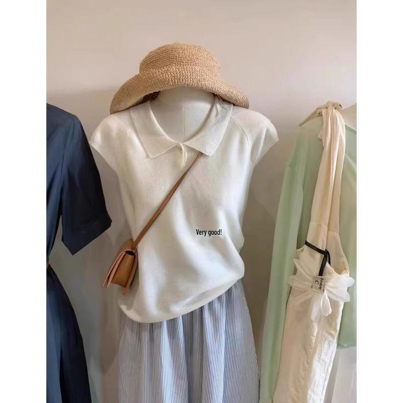 Women's 2025 Summer French Puff Sleeve Ice Silk Knitted Top with Turn-Down Collar