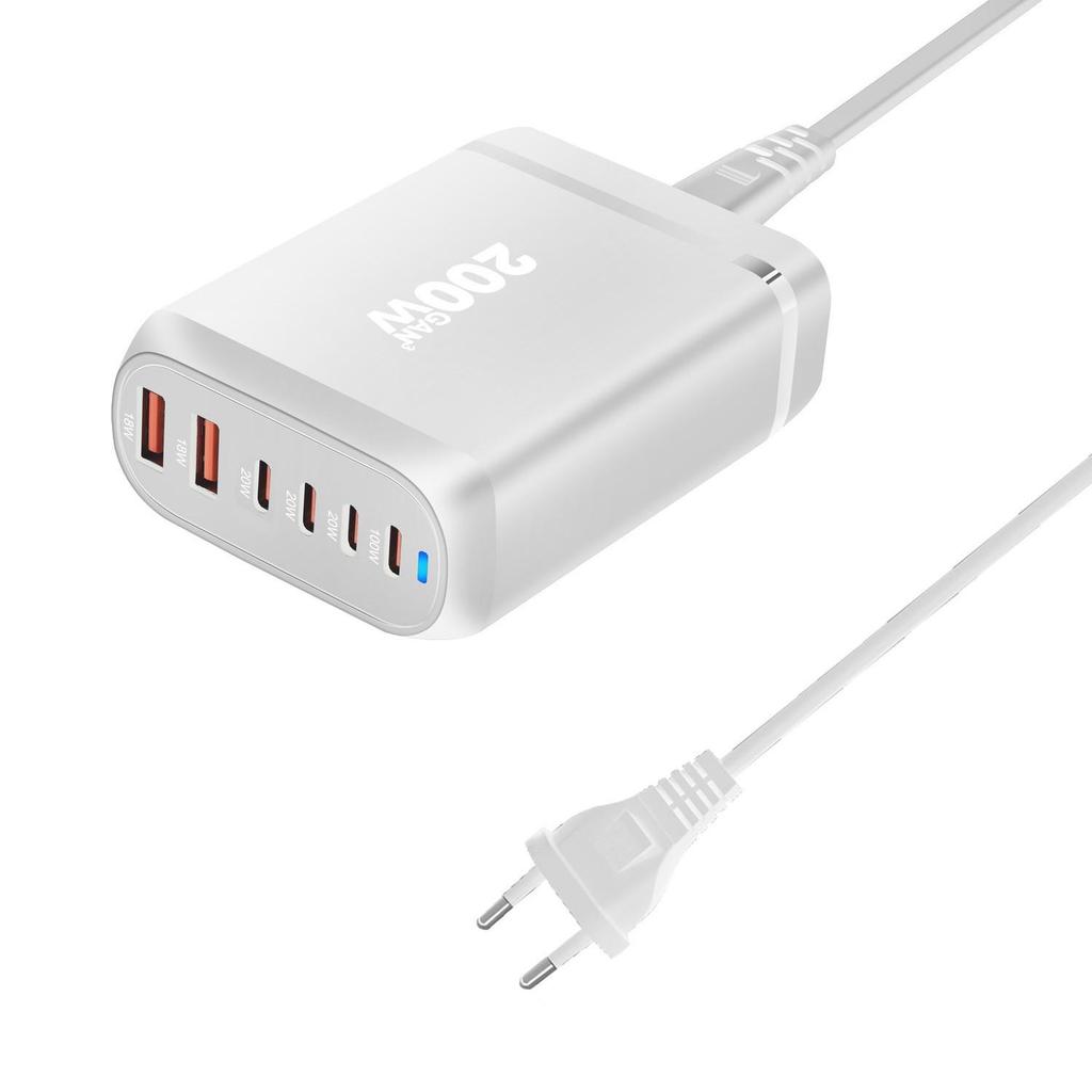 200W Gallium Nitride Multifunctional Desktop Charger with 3A3C Ports - Universal Fast PD Charging Adapter