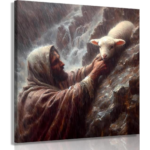 Иисус и Агнец Настенное искусство на холсте Иисус Спасает Заблудшего Ягненка Картина Изображение Настенный декор Христианский Бог искусство Постер Печать Произведение искусства для Гостиной Спальни 12L X12W