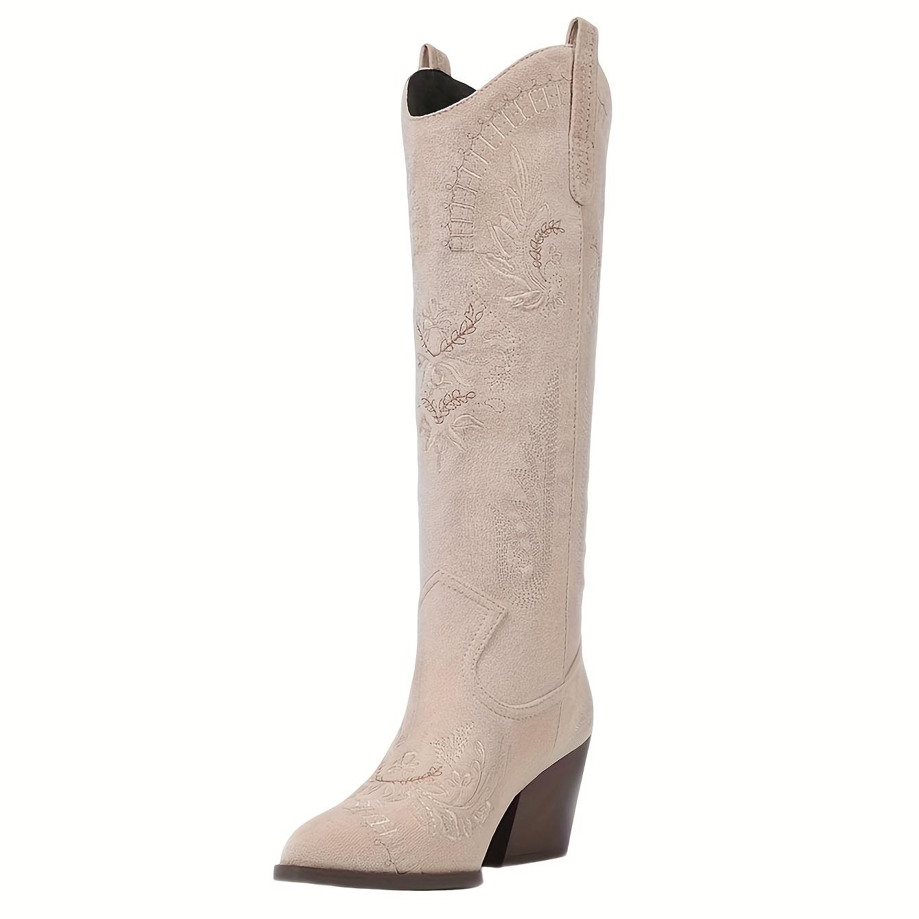 

Women Ladies Retro Embroidered Western Chunky High top Heel Pointed Toe Pull on Knee Dress Leisure Shoes 38