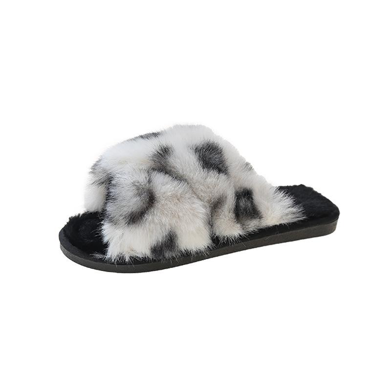 Amazon cross leopard print fluffy slippers autumn and winter warm home indoor flat bottom fashion floor cotton slippers
