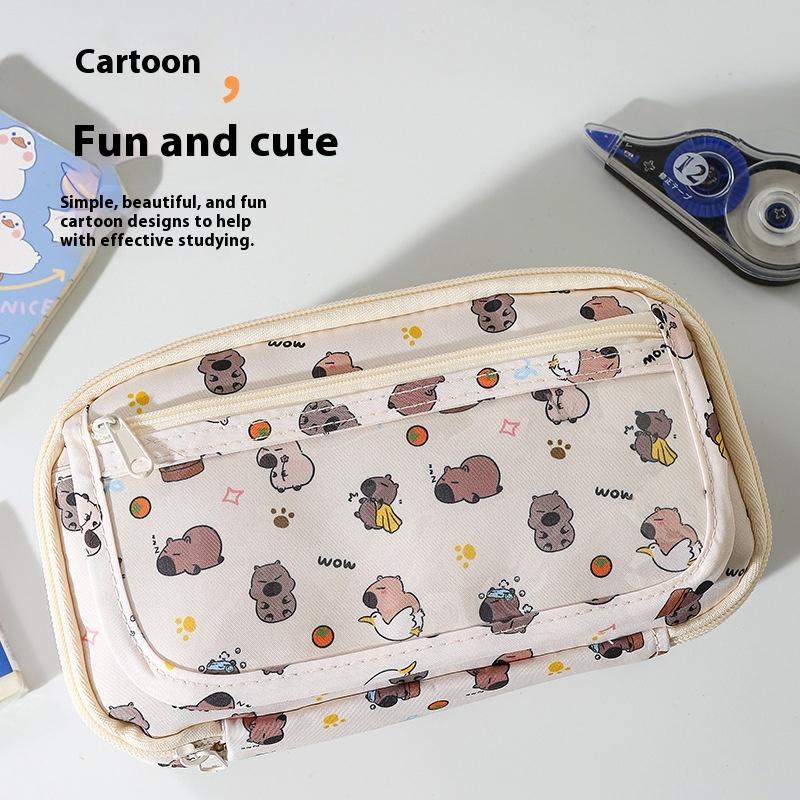1Pcs Large Capacity School Stationery Storage Bag Pencil Box Kapibara Cartoon Pencil Case With Flip Top