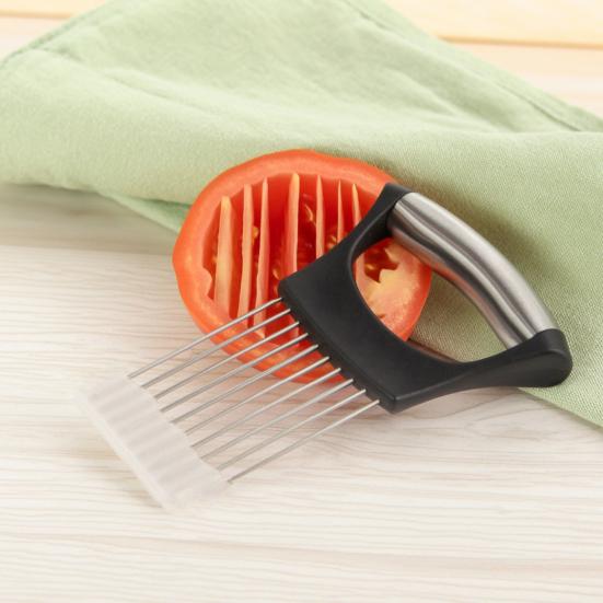 Stainless Steel Onion Slicer Holder with Protective Cover Tomatoes Avocados Potato Kiwifruit Meat Lemon Vegetable Fruit Cutter Chopper Kitchen Gadget