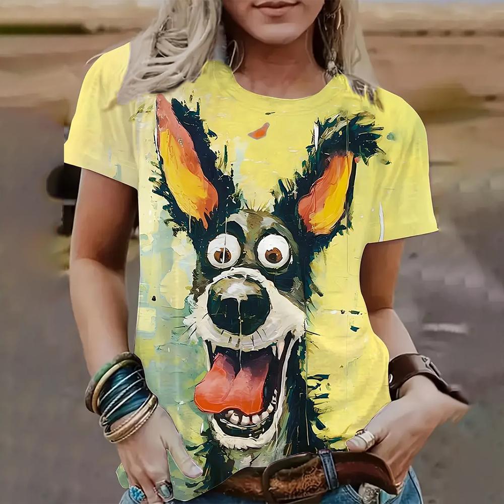 

Летний топ с круглым вырезом и 3D-принтом разноцветной собаки, модная повседневная женская футболка с коротким рукавом XS