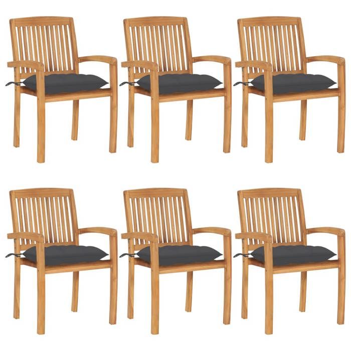 Stackable Garden Chairs with Cushions, vidaXL 6 Pcs, Solid Teak