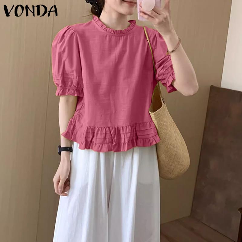 VONDA Women Casual Ruffled Round Neck Summer Short Puff Sleeve Pleating Blouse
