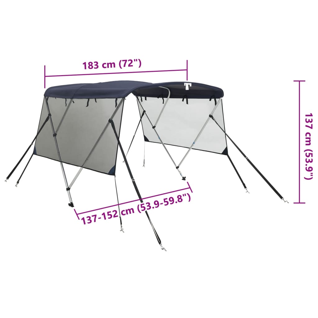 3 Bow Bimini Top with Mesh Side Panels 183 x (137 152) x 137 cm