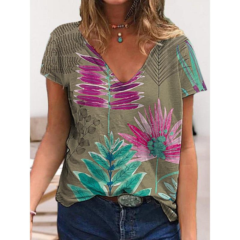 Summer V-neck 3D Flower Printed Top Fashionable Casual Short Sleeved Women's T-shirts