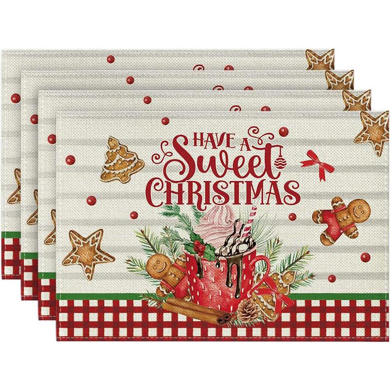 4Pcs Christmas Tree Elk Placemat Linen Dining Table Mats Coaster Bowl Coffee Cup Pad Mat 2025 Navidad Home Kitchen Decoration