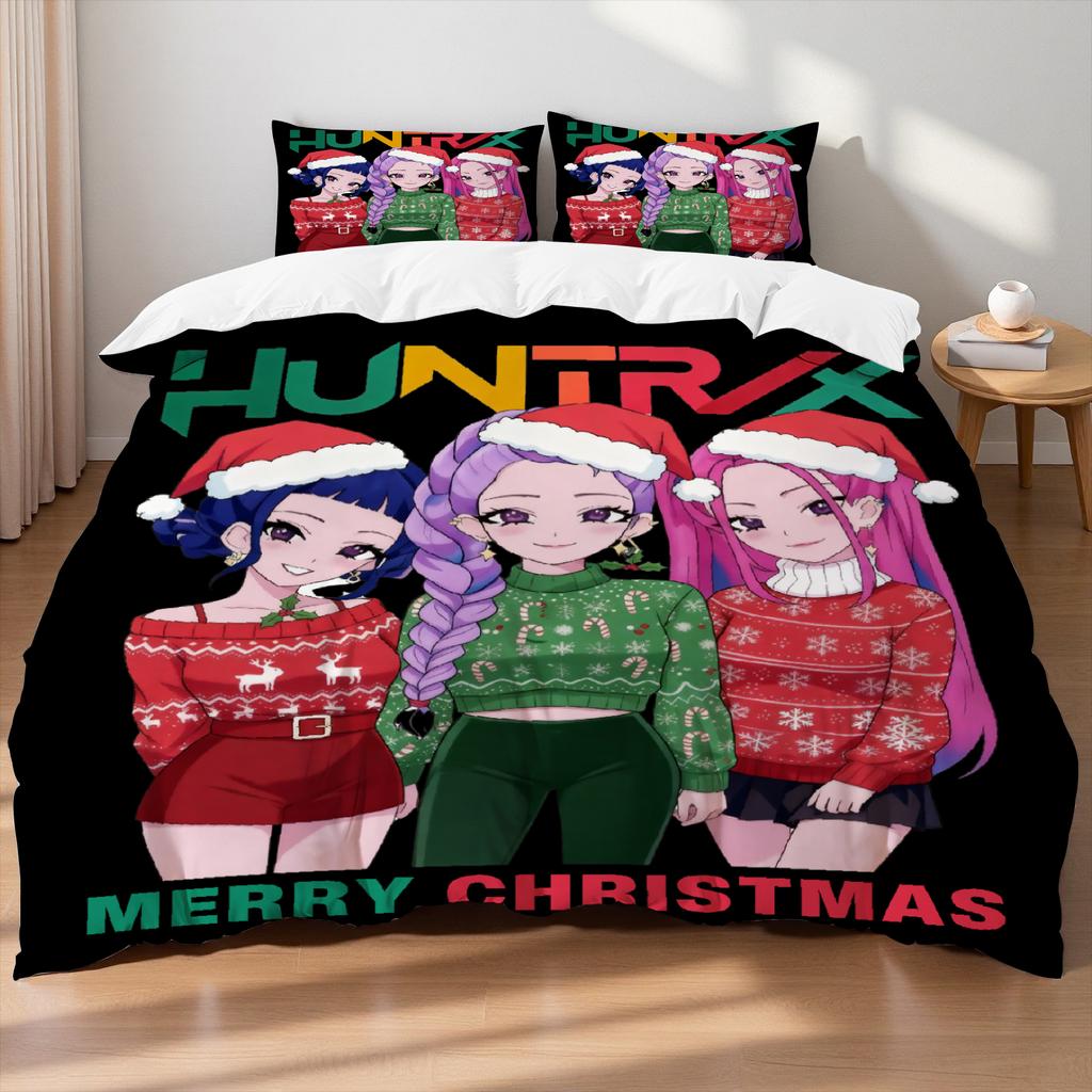 Christmas K-Pop  Demon Hunters Themed Colorful Print Polyester Student Dormitory Bed Sheet Duvet Cover Kid Gift Home Textile