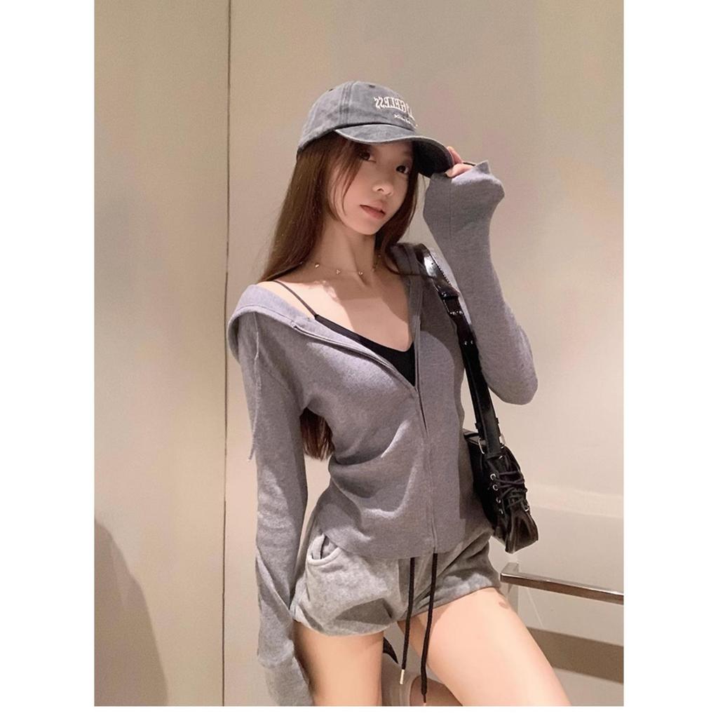 Women's Gray Spicy Girl Long-Sleeve Zippered Fishbone Slim Fit Autumn Base Layer Top