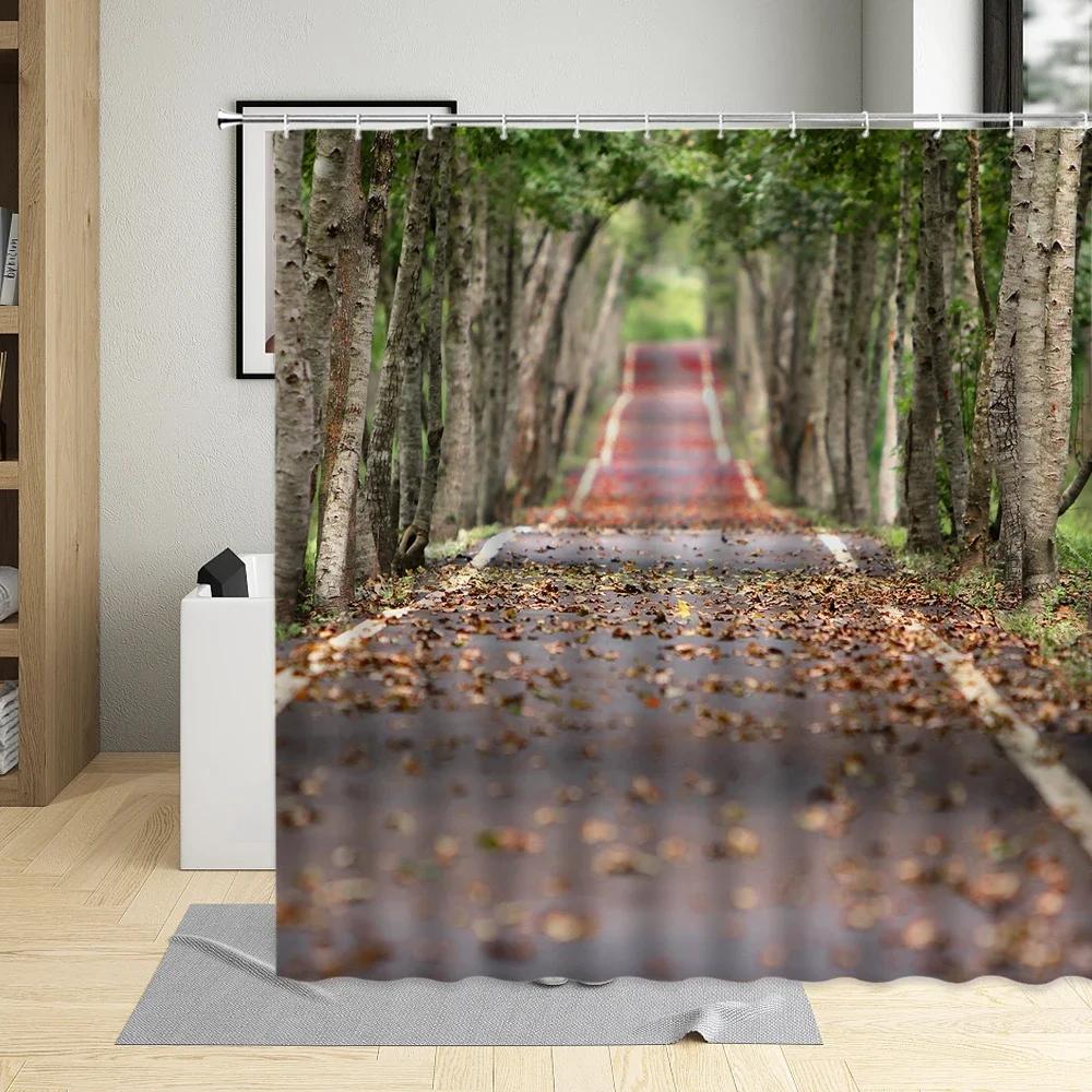 Flower Plant Landscape Shower Curtain Cherry Blossom Waterfall Green Forest Manor Arch Bridge Ocean Scenery Bathroom Curtain Set