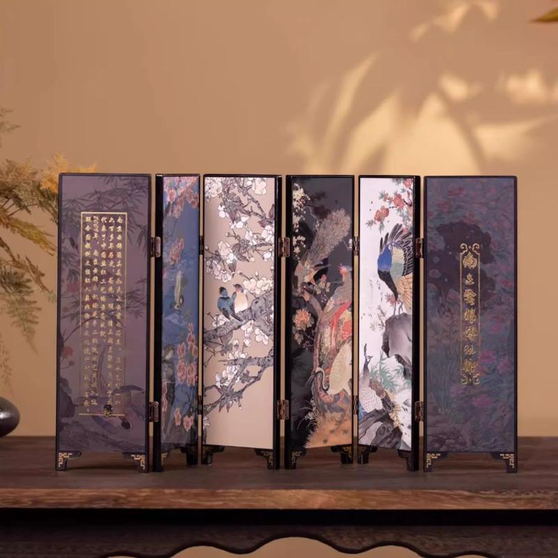

BEPAN 6 Panel Chinese Lacquer Brocade Screen Tabletop Decorative Screen Ornament Birthday Gift for Tea Room Business Conference