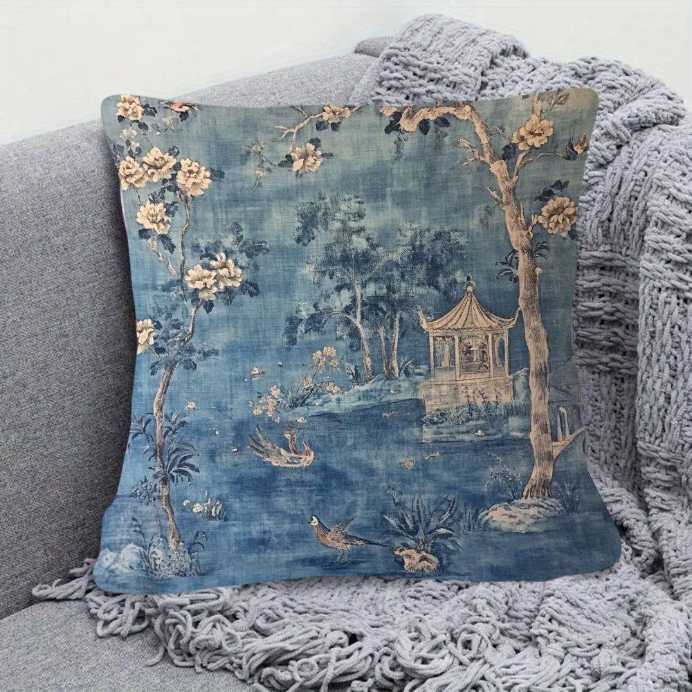 1Pc Of Short Plush Decorative Pillow Cover Featuring An Vintage French Chinoiserie Design In Blue, With Single-Sided Printing. I