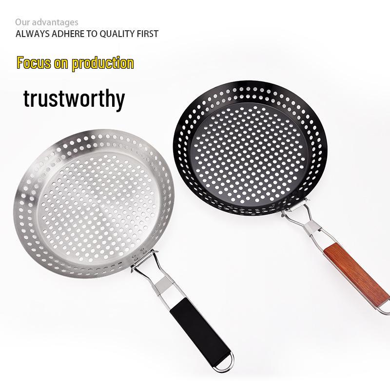Round Hollow Wooden Handle BBQ Grill Pan for Outdoor Vegetables and Meat