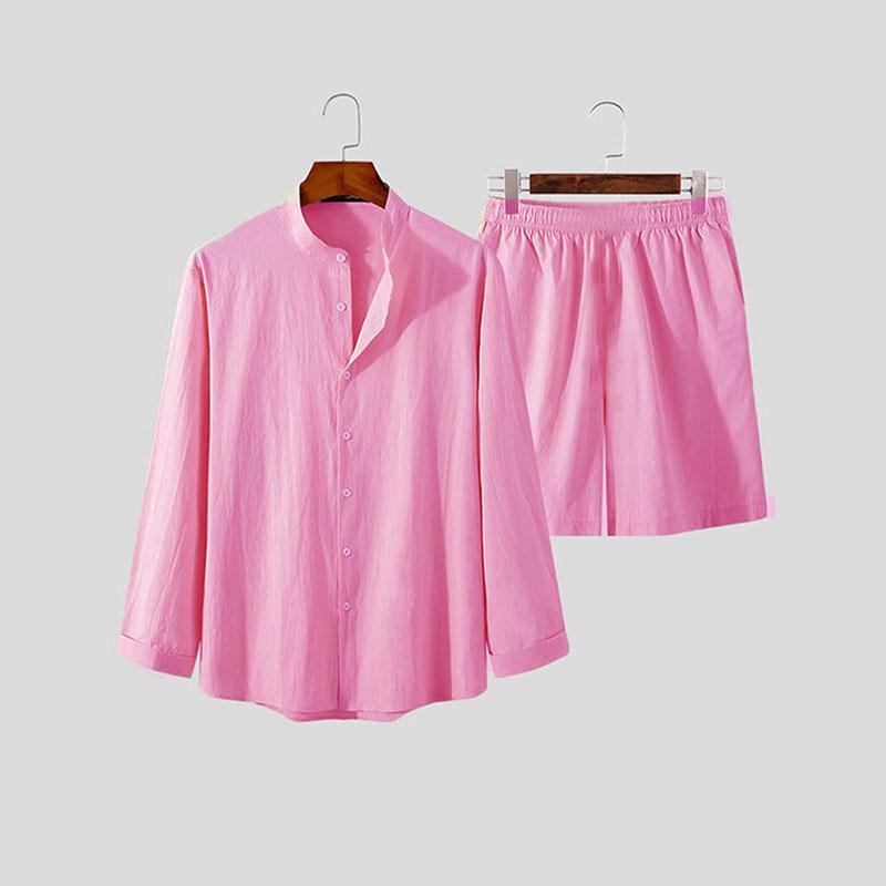 Men's Hawaiian Suit Summer Solid Color Stand Collar Long Sleeve Shirt Beach Shorts Streetwear High Quality 2-Piece Set
