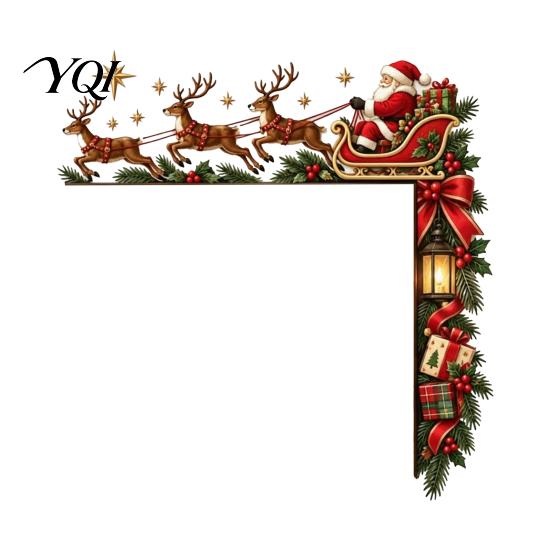 Xmas Fireplace Hanging Sign Christmas Door Topper, Funny Santa Claus Reindeer Sleigh Frame Holiday Decoration Corner Sign, Wooden Home Decor
