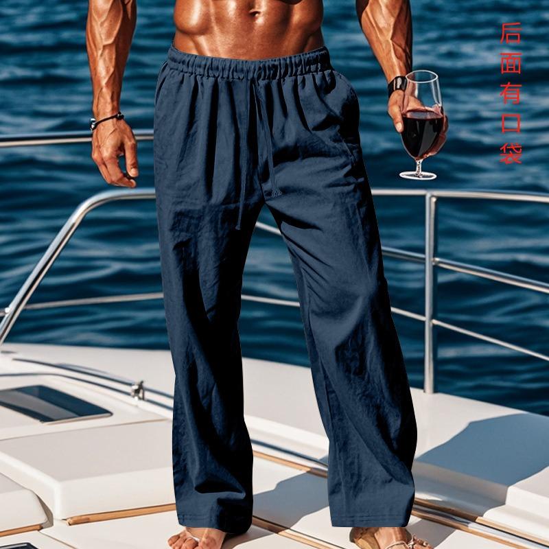 

Cotton and Linen Large Size Men s Pants Breathable and Sweat-absorbing Solid Color Trousers Basic Casual Wide-leg Trousers XXXL темно-синього кольору