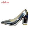 Aphixta Spring Silver 7cm Chunky Heels Pointed Toe Pumps Women Shoes Square Heel Party Official Large Big Size 45 46