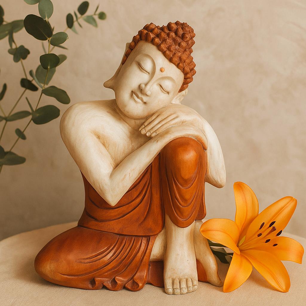 Buddha Statue Hand Carved Suar Wood Thinking 30cm