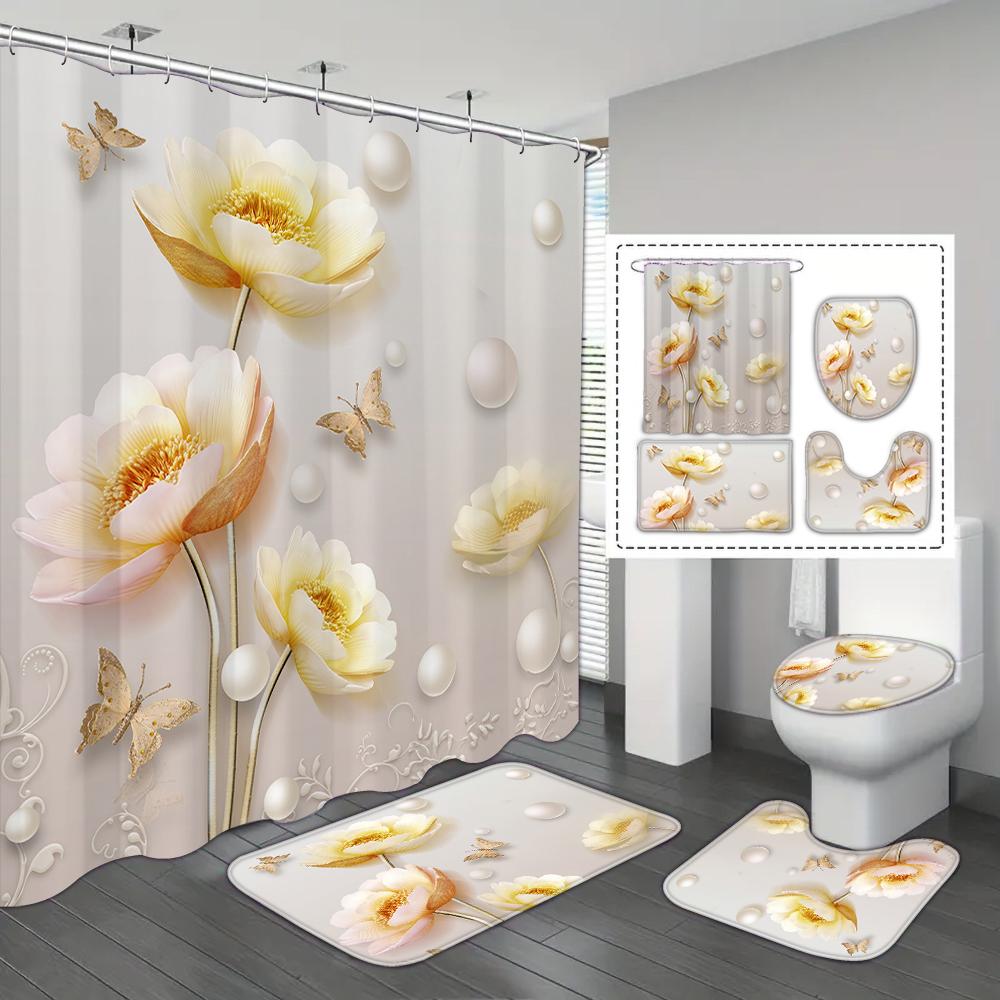 4-piece Set of Blue White Jade Orchid Waterproof Printed Shower Curtains with 12 Hooks, Bathroom Floor Mats