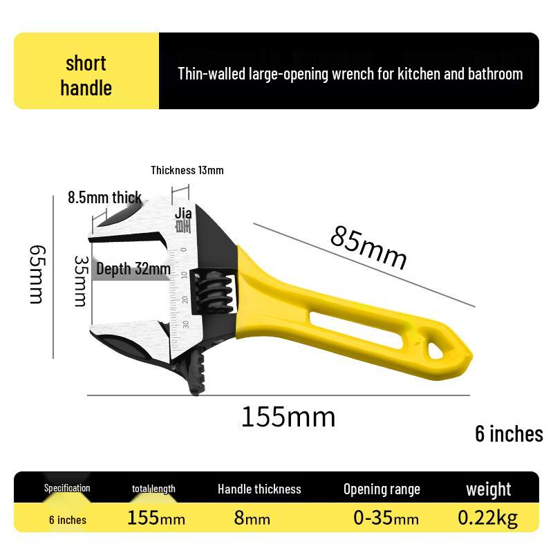 Large Opening Multifunctional Adjustable Wrench with Short Handle for Bathroom Use