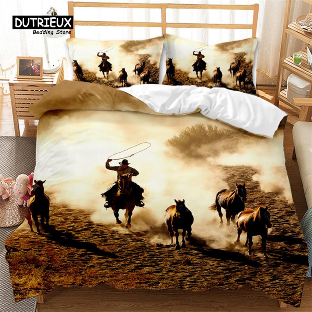 Cowboy Bedding Set Wild West Cowboys Western Style And Horses Themed Duvet Cover Microfiber Quilt Cover For Kids Boys Teen Decor