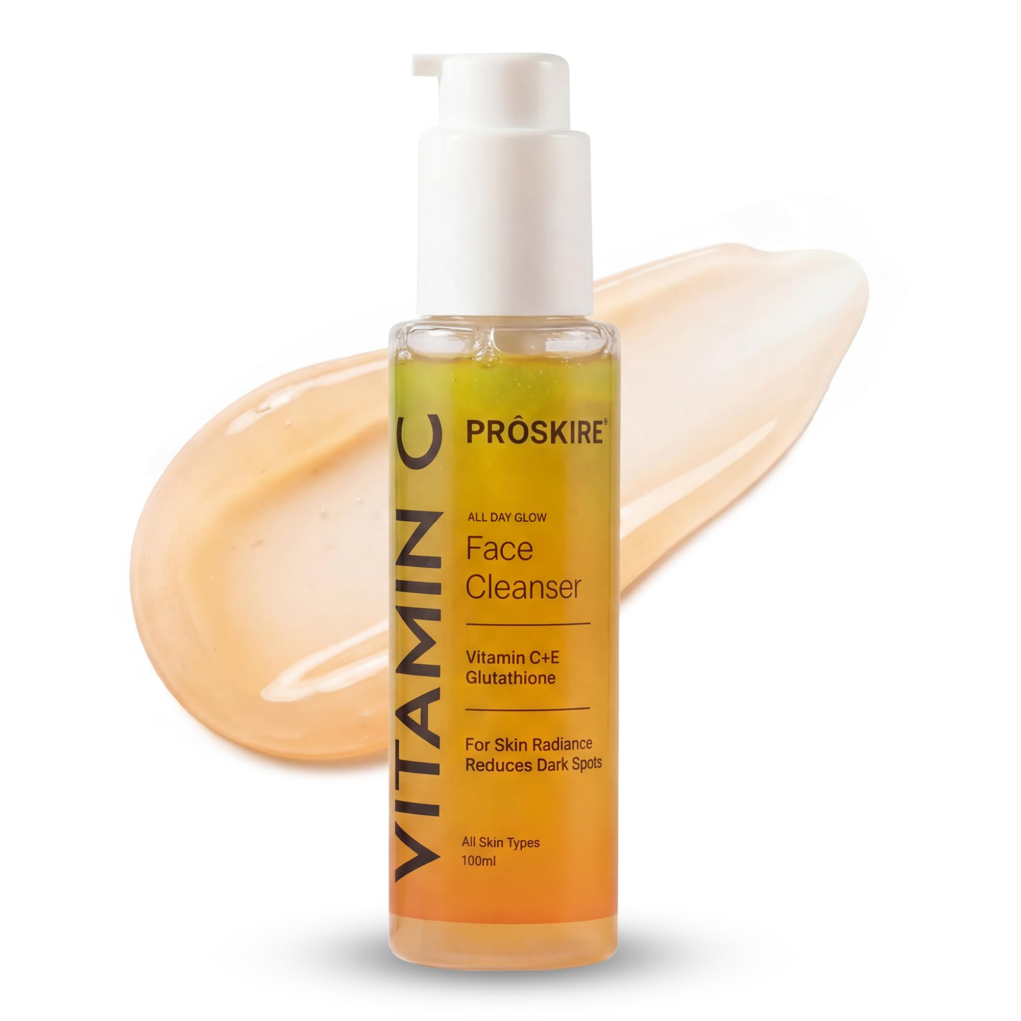 Proskire Vitamin C Glow Cleanser with Glutathione & Vitamin E | Gentle Brightening Cleanser for Dull, Uneven & Tanned Skin | Fades Dark Spots, Hydr