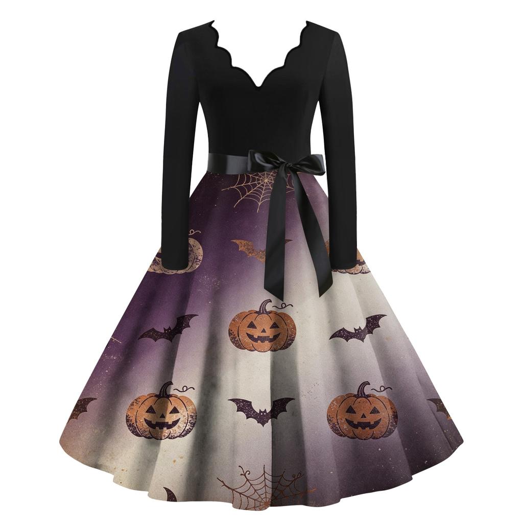Women's Printed Maxi Dress for Halloween Theme Party, Costume Events and Night Out