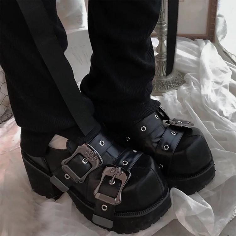 Black Mary Jane Shoes for Women 2025 New Autumn Platform Metalic Buckle Pumps Gothic Punk Style Spice Girls Lolita Students