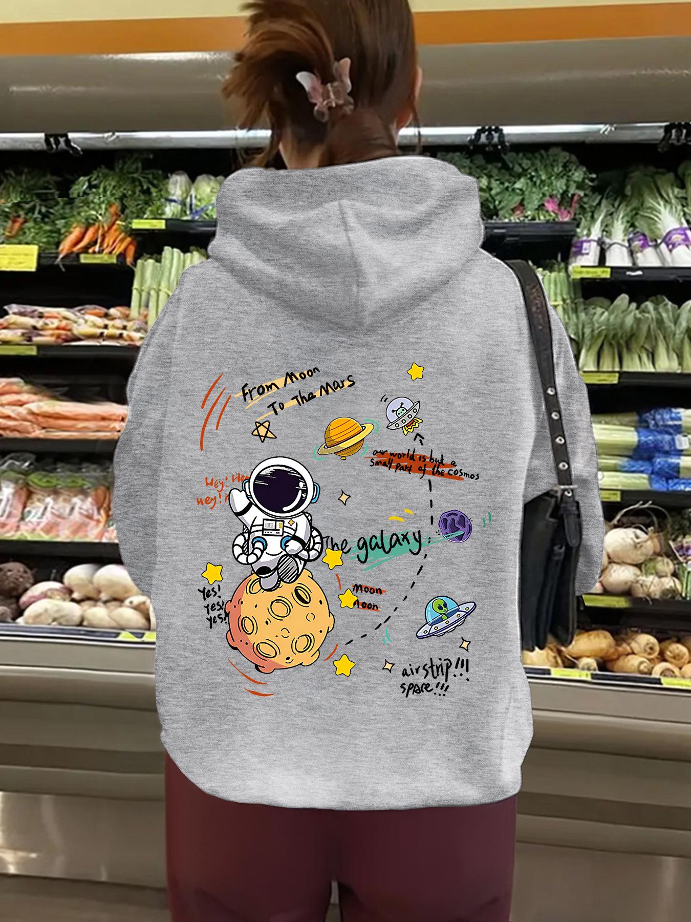 

Женская европейская и американская космическая принтовая толстовка с капюшоном из бархата с карманом-кенгуру L серый