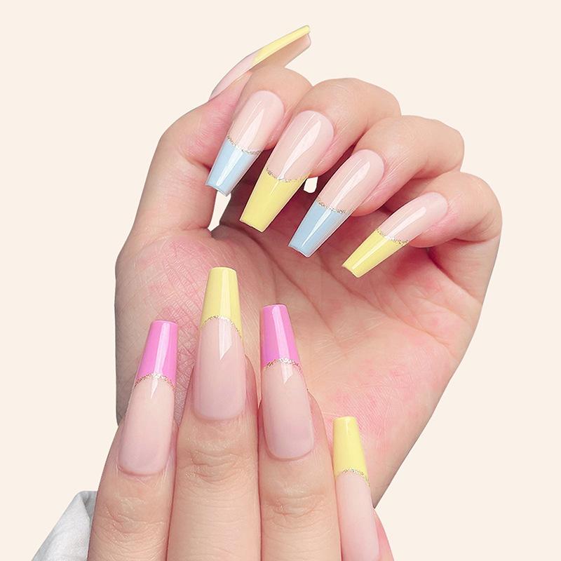 European And American Style Long Coffin Nail Trapezoidal Fake Nail Piece Five-Color Rainbow Bright Oil Ballet Nail Box Wearing Armor