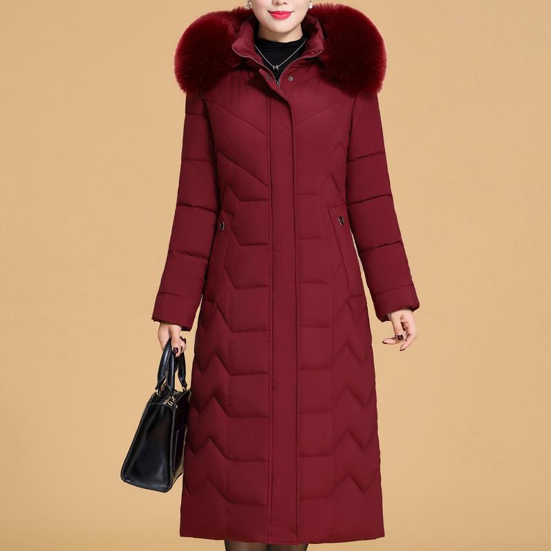 Plus Size XL-6XL Middle Age Woman Long Coat Winter Thick Warm Overcoats Hooded Elegant Faux Fur Collar Loose Lady Jackets