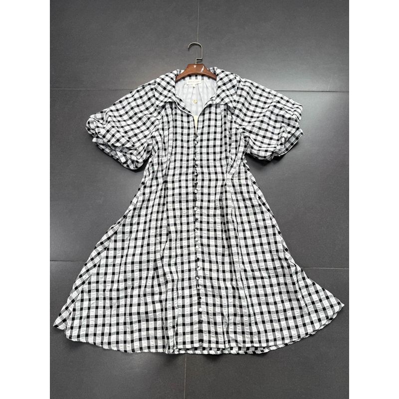 

Foreign Trade Order Entr0 Retro Preppy V-neck Puff sleeve A Word Plaid Dress Black check Dress M